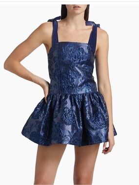 NWT Alice and Olivia Maryann Tie Shoulder Drop Waist Mini Dress in Midnight Blue